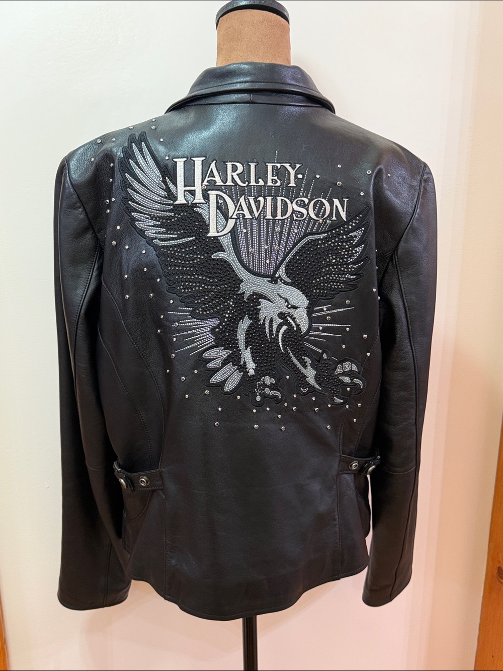 Harley-Davidson Dazzle Black Leather Jacket with Embroidered Eagle and Rhineston